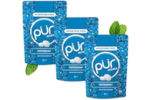 PUR Mints | Miętówki bez aspartamu | Słodzone ksylitolem | Bez cukru, wegańskie, bezglutenowe | Naturalny smak Mięta Pieprzowa | 65 szt. (3-pak)