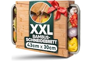 ‎SIDORENKO Loco Bird massives Bambus Schneidebrett mit Auffangschalen - 43x30x7cm groß - Ideales Küchenhelfer Gadget Set für die Küche - Küchenbrett aus Bambus mit 2 Schalen aus Edelstahl - Schneidebrett Holz