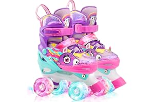 WESKIFAN Unicorno Pattini a Rotelle Bambina Pattini Regolabili Pattini a 4 Ruote con Tutte Ruote LED per Principianti Bambini Ragazza Regalo di Natale Compleanno