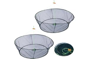 TOATELU Red de pesca plegable de mano: 2 unidades de jaula de mano de fundición manual, red de cangrejo, diámetro de 80 cm, de nailon, jaula plegable con cuerda de mano para atrapar peces, camarones,