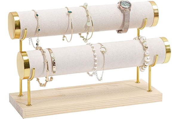 ProCase Support de bracelet à 2 étages en forme de T, amovible, en velours, avec base en bois, pour bracelets, pinces à cheveux, montres - Beige
