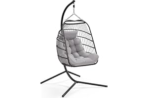 Yaheetech Rattan Egg Swing Chair, Foldable Garden Patio Swing Chair, Indoor/Outdoor Hanging Hammock with Cushion & Pillow & Rain Cover, Weight Capacity of 159 kg Iron for Balcony Hotel, Black & Grey