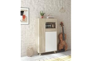 Dmora Vetrina Atlanta, Vetrinetta Moderna a 3 Ante, Credenza da Soggiorno o Salotto, Madia Alta con Ripiani, 77x33h142 cm, Rovere e Bianco, Legno ingegnerizzato