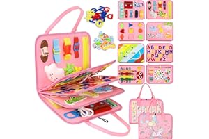 ESJAY Busy Board Montessori Spielzeug ab 1 2 3 4 Jahre, Activity Board Kleinkinder Motorikspielzeug, Geschenk Mädchen, Baby Sensorik Lernspielzeug, Motorikbrett für Reise Auto Flugzeug (Rosa Multipage)
