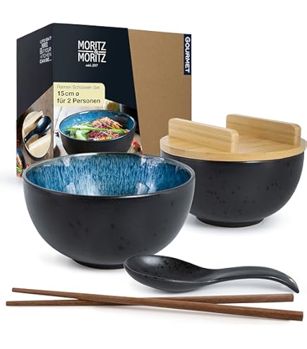 foodeden Ramen Bowl Set van 2, Japanse keramische noedelkommen (met lepels, eetstokjeskits) voor pasta, soep, ontbijtgranen, Pho, Udon, mengen van salade en snack, warmingcadeau voor thuis (glanzend