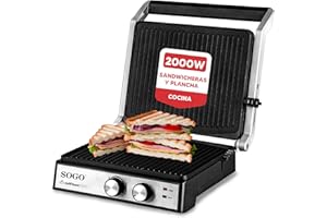 SOGO Sandwichera y Plancha de Cocina SS-7132 - Grill 2000W con Apertura 180° y Placas Lisas Antiadherentes - Parrilla Eléctrica Multiuso para Paninis, Carnes, Pescados y Bikinis