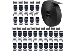HUAZIZ 10m Sangle Nylon 25 mm avec 30Pcs Boucles en Plastiques, Boucle Plastique Noir Clip Fermoir pour Sangle, Accessoires de Sac à Dos, Tente, Sac à Dos Enfant, Collier de Chien, 30Pcs Curseur