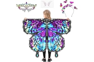 AUYAO Costume da Farfalla per Bambini, 4 Pezzi Mantello Ali Farfalle con Maschera, Fascia per Capelli e Adesivo, Mantello Ali Farfalla Bambina Set, Colorate Scialle Farfalle per Feste Carnevale