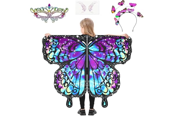 AUYAO Ailes de Papillon Déguisement Enfant, 4Pcs Ensemble de Déguisement Papillon avec Masques pour les Yeux, Couvre-Chefs, Autocollants, Cape Ailes de Papillon pour Fille, Deguisement Fille