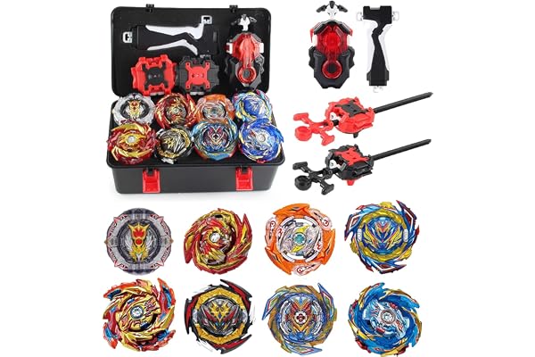 Netoke Toupie avec Lanceur kit, 4D Metal Fusion Arene, Adapté Cadeaux Noël, Anniversaire - 8 X Battle Tops + Battle Top Lanceur CW