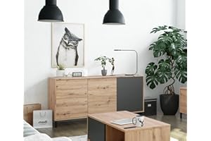 Dmora Credenza moderna a 2 ante e 3 cassetti, Mobile da soggiorno porta TV, Buffet da cucina, Cm 154x41h74, colore Rovere effetto nodi e Antracite