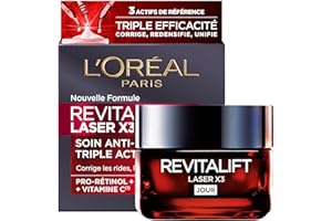 ‎L'ORÉAL PARIS L'Oréal Paris - Głęboka pielęgnacja twarzy przeciwstarzeniowa - Anti-Aging Triple Action Krem na dzień - Kwas hialuronowy, Pro-Retinol & Witamina C - Wszystkie rodzaje skóry - Laser Revitalift X3-50