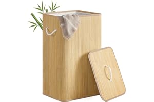 SONGMICS Laundry Basket with Lid, 90 L Bamboo Storage Basket, Rectangular Laundry Hamper with Handles, Collapsible, Removable Machine-Washable Liner, Natural Colour LCB077YZ01