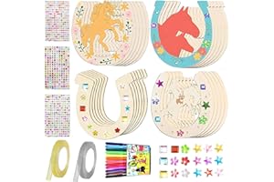 KIKVTER Hufeisen Holz, 24 Stück Hufeisen Kindergeburtstag Holz, Bastelset Kinder, Pferde Geburtstagsdeko, Basteln Kinder mit 12 Aquarellstift, 3 Paillettenaufklebern, 2 Glitzerband für DIY Party