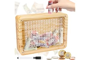 Meetory Wooden Money Box, 10000 Money Saving Box Clear Countdown Money Saving Box Money Bank Money Saving Challenge Money Box With Numbers and Money Targets for Adults