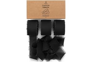 Vitalizart Ruban en Mousseline Noir 2,5 cm x 19,2 m, Tissu à Franges Fait à la Main, Ruban en Tissu pour Invitation de Mariage, Bouquet de Mariée, Décoration, Emballage Cadeaux et Fabrication de Nœuds