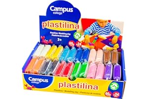 Campus – Plastilina de Colores para Modelar, 24 Barras de Plastilina Sin Gluten, Kit de Plastilina Escolar Para Manualidades, Estuche con 24 Pastillas de Plasticina (60g - 12 colores surtidos)