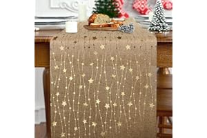 GEBETTER Camino de Mesa Navidad 28x275cm Poliéster Color Arpillera Yute Lino Marrón Rústico Estrellas Doradas Decoración Mesa Adorno Navideño Chimenea Manualidades Regalo Fiesta (Estrellas Oro)