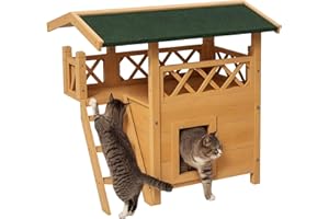 PawHut Wooden Cat House Outdoor Luxury Wood Room Weatherproof Shelter Dog Puppy Garden Large Kennel Crate Natural Wood
