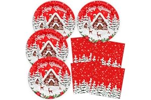HNH Set di Piatti e Tovaglioli per Natale | Casa della Neve | Piatti 23cm, 33cm e Tovaglioli di Carta | Stoviglie Usa e Getta per 20 Persone