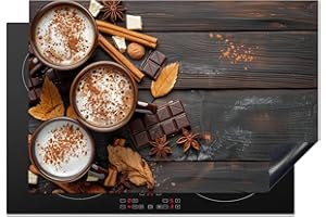 KitchenYeah© Protection Pour Plaque Induction 78x52 cm Deco Cuisine Protégé Cache De Cuisson Vitroceramique Chocolat - Automne - Feuilles - Gravure sur bois - Nature morte - Cannelle