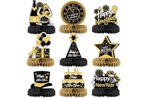 HONMOK 9pcs Neujahr Bienenwabe Deko Papier Bienenwaben Mittelstück Tischdekoration 2024 Silvester Party Tischddeko Schwarz Gold Neujahr Waben Ornamente Tischaufsätze für Neujahr Party Foto Requisiten