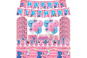 Forhome 104 Stück Stitch Partygeschirr, Lilo und Stitch Geburtstag Deko, Enthalten: Tischdecke, Pappbecher, GeschenktüTen, Wimpel, Für die Dekoration Einer Geburtstagsfeier für 10 Personen (Rosa)