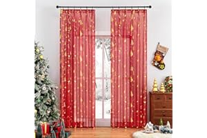 Softalker Weihnachtsgardinen mit Kräuselband Gardinen Vorhänge 245 cm Hoch Modern Gardine Schal 140 cm Breit Vorhang Rot Transparent für Schienensystem Deko Wohnzimmer Schlafzimmer Küche, 2er Set