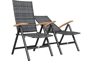 Outsunny Folding Garden Chairs Set of 2, 5-level Reclining PE Rattan Garden Dining Chairs with Wood Armrests, High Back and Steel Frame for Outdoor, Patio, Terrace, Porch, Mixed-grey
