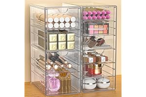 GoMaihe Organizer per Makeup con 10 cassetti, 2PCS Scatola con Cassetti in Acrilico Trasparente, Organizer per Tavolo Trucco, Organizer da Scrivania per Cosmetici, Gioielli, Forniture per Ufficio