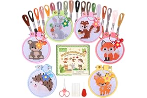 Caydo 6-teiliges Kreuzstich-Set für Kinder, Sticksets mit Waldtiermustern, Nadelarbeitsset für Kinder mit Anleitung für DIY Schlüsselanhänger, Rucksackanhänger, Ornamente und Nadelarbeiten