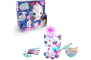 CANAL TOYS Airbrush Plush Light Up Cosmic Unicorn – Personalise, Decorate & Discover Magical Answers | Real Battery-Powered Airbrush, 4 Chalk Pens & 100+ Stencils | Reusable Plush Toy for Kids Ages 6+