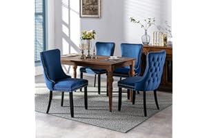 HomeTouch Lux Velvet Upholstered Kitchen Dining Chairs Set of 4 Tufted High Back Bedroom Office Chairs with Oak Wood Legs, Hand Made (4, Blue)