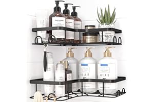 Kitsure Corner Shower Caddy - 2 Pack Rustproof Shower Organizer, Durable Shelf with Large Capacity, Drill-Free Adhesive Bathroom Shelves with 4 Movable Hooks, a Soap Holder, 4157