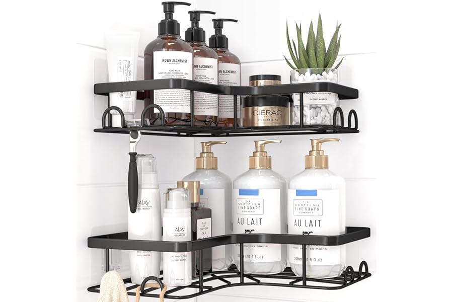 Kitsure Corner Shower Caddy - 2 Pack Rustproof Shower Organizer, Durable Shelf with Large Capacity, Drill-Free Adhesive Bathroom Shelves with 4 Movable Hooks, Large, Black