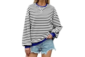 Lonya Bluza Oversize damska 100% bawełna w paski na co dzień okrągły dekolt w paski z długim rękawem sportowy sweter z kapturem