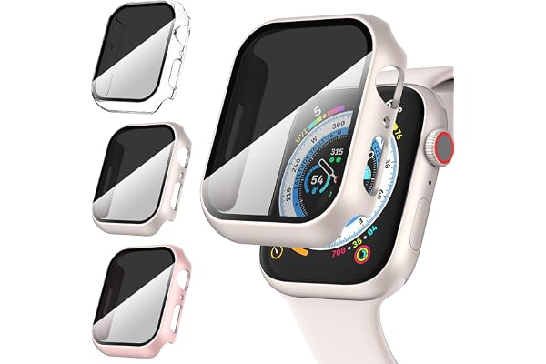 Diruite 3 Pack Skyddsfodral Anti-Spion för Apple Watch Series 9/8/7 45mm | Ultratunn Klockboett I PC-Material,FöRsedd Med En 9H-HäRdad Glasfilm,ReptåLig,Stjärnljusfärg&Roséguld&Transparent