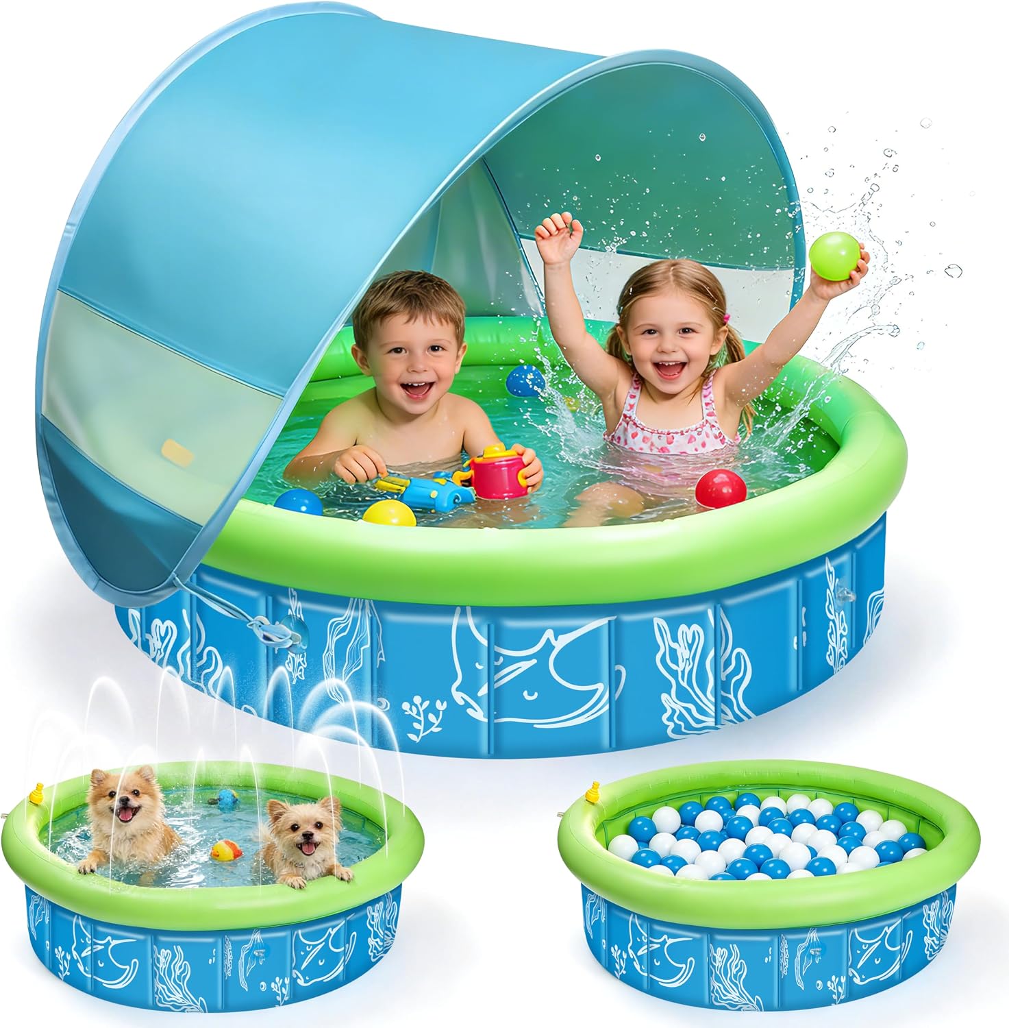 Cheffery Piscina para Bebé 4-en-1 Pop Up, Piscina de Bolas Bebe con Chorros de Agua, Tienda de Playa Bebé con Techo y Mosquitera, Protección UV SPF50+, Portátil para Jardín (100x30 cm)