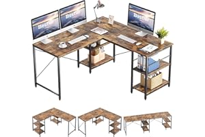 Bestier 150CM Reversible L Shaped Desk with Shelves Industrial Corner Desk 240CM Long Table Computer Workstation with 3 Cable Holes