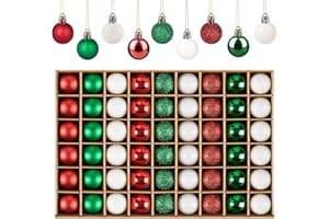 Anstore Mini ozdoby choinkowe, 54 szt., małe, nietłukące się bombki ze sznurkami, miniaturowe dekoracje świąteczne 30 mm, białe, czerwone, zielone