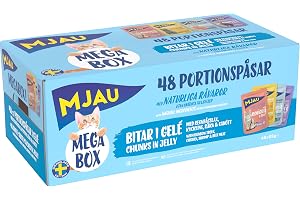 Mjau 48x85g våtfoder för katter bitar i gelé – Megabox med regnbågslax, kyckling, räka & nötkött. Storpack för fräscha måltid