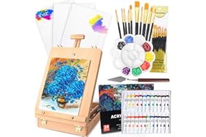 WOWOSS 41Pcs Wood Tabletop Easel Storage Box Set, Beechwood Portable Tabletop Easel Stand with 3Pcs Canvasses 24 Paints 10 Brushes Art Easeles Acrylic Paint Set for Painters Adult Student Artist Beginner