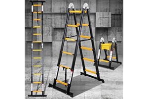 Eulenke Échelle télescopique en Aluminium, escabeau Multi-Usage 3,8m(1,9m+1,9m) avec stabilisateur, echelle Pliante Charge maximale : 330lbs / 150 kg, Antidérapante escabeau telescopique, argenté