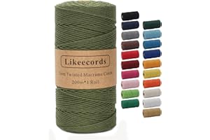 Likeecords Macrame String, 2 mm x 201 Metres, Coloured Macrame Rope, Cotton Rope, Macrame Yarn, Colourful Cotton Craft Cord for Hanging, Plant Hangers, Crafts, Knitting (Army Green)