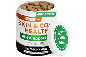 STRELLALAB Allergy Support Chews for Dogs with Omega 3 Fish Oil - Itchy Skin Support Immune Supplement - Skin & Coat Health - Made in UK - Stop Itch & Hot Spots - Pork Flavor - 60ct