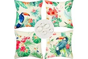 SERENTO Funda de Almohada de Lino 45 x 45 cm Funda de Almohada Exterior de Verano para sofá Hojas Tropical Verde Patrón de Flores Pájaro para Patio al Aire Libre Jardín Silla