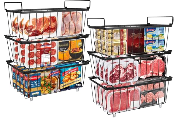 Frysskåpsorganizer 6-pack: Staplingsbara fryskorgar med handtag | 2,8 mm ståltråd, halkfri botten och snabbfrysning för 5–7 kvadratfot kylskåp (37 x 18 x 14,5 cm)