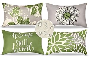 COZYFOUNDER Juego de 4 Funda De Cojine Lino Fundas De Cojín Exterior Impermeable Flor Verde Geométrico Modernas Funda de Almohada Funda Cojin 30X50 para Patio Balcón Jardín Sofá Oficina Hogar Decorativas