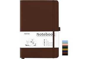 Mlife A5 Notatnik w kropki,100 GSM Gruby papier z 200 stronami, Notatnik z twardą okładką PU z wewnętrzną kieszenią, Elastyczna opaska, Notatniki do pisania w biurze, szkole, domu i firmie(Brązowy)