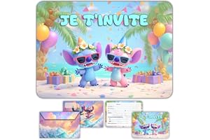Glowiibo Lot de 12 Cartes Invitation Anniversaire Stich, Lilo et Angel avec Enveloppes Assorties - Idéal Enfant Fille Garçon - Cartons Préremplis en Français pour Fête ou Goûter d'Anniversaire